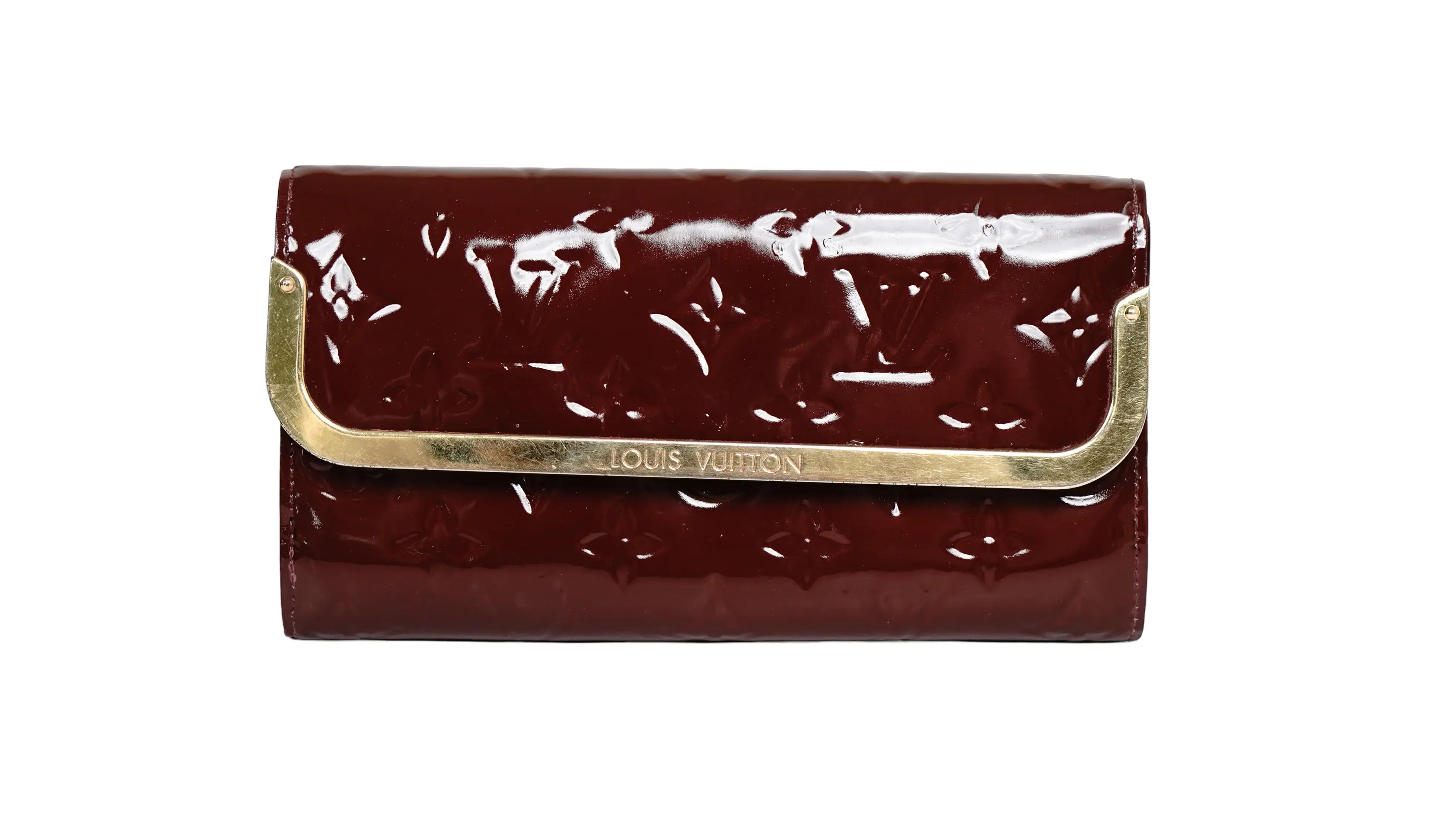 Before LV patent wallet colour restoration showing scuffs and dull finish