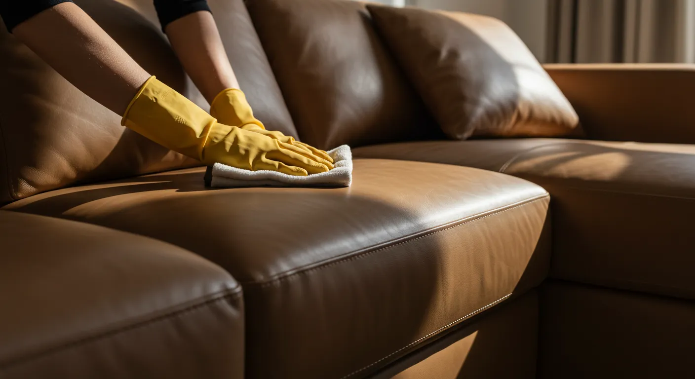 Soft afternoon light highlighting a well-conditioned leather sofa during cleaning at home in Delhi