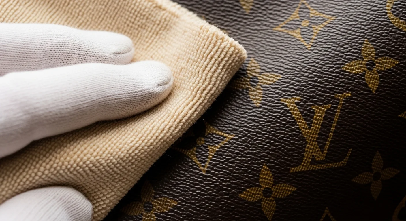 Louis Vuitton bag being gently cleaned by hand with microfiber cloth